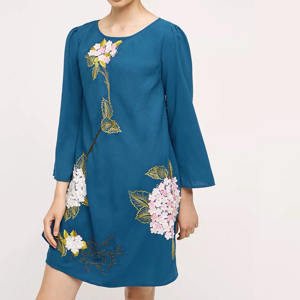 Anthropologie Teal Blue Floral Embroidered Long Sleeve Dress